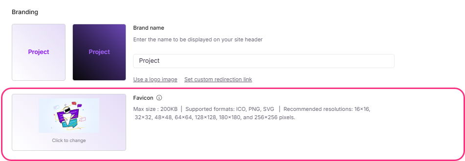 Document360 branding options including logo and favicon settings for customization.