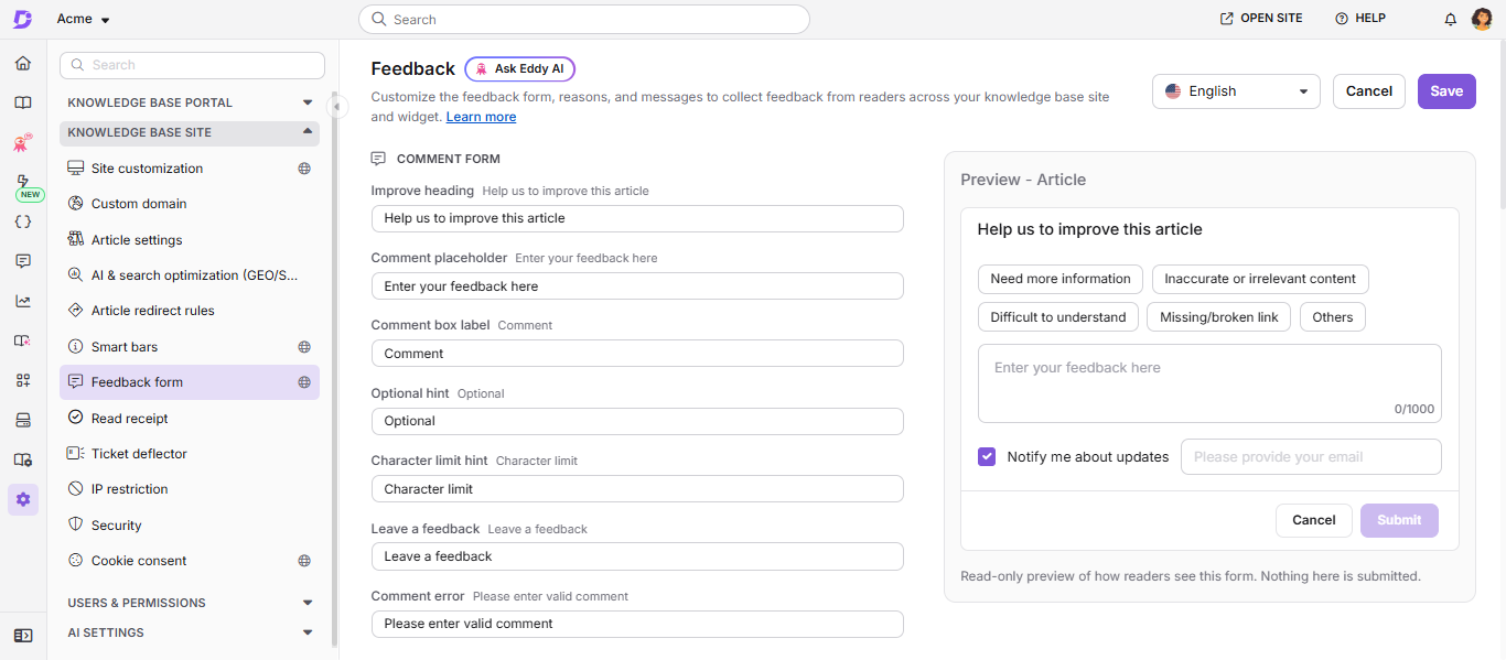 Feedback form settings page with editable label fields and a live preview of the reader feedback form