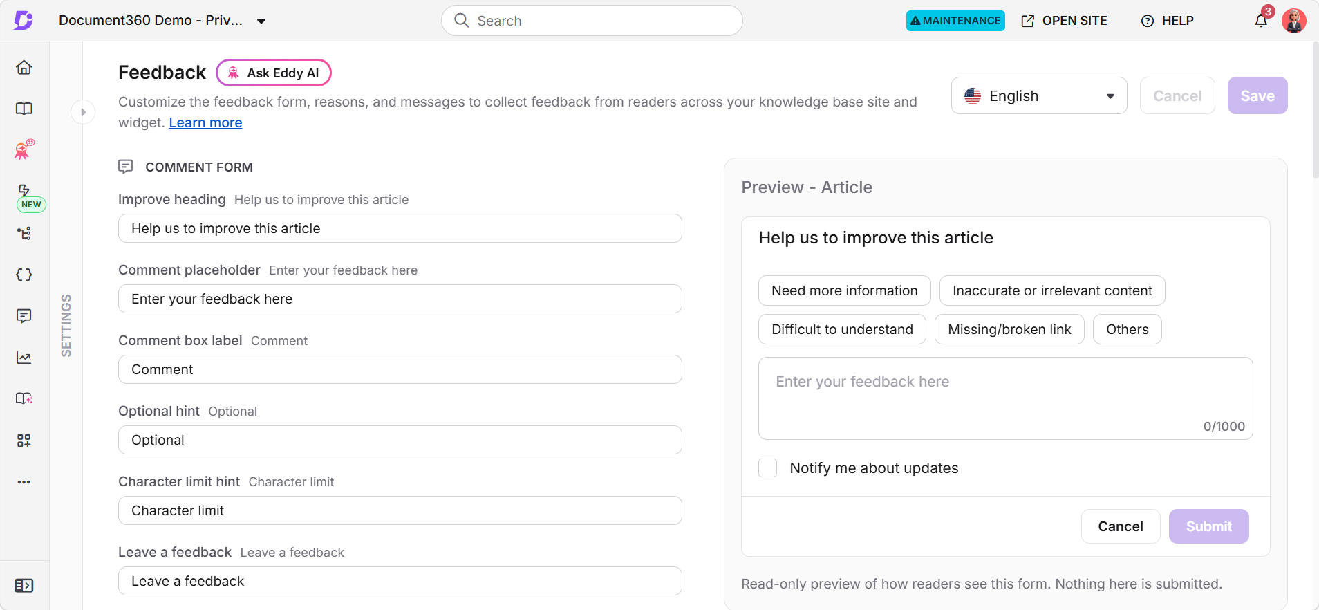 Customize article feedback options