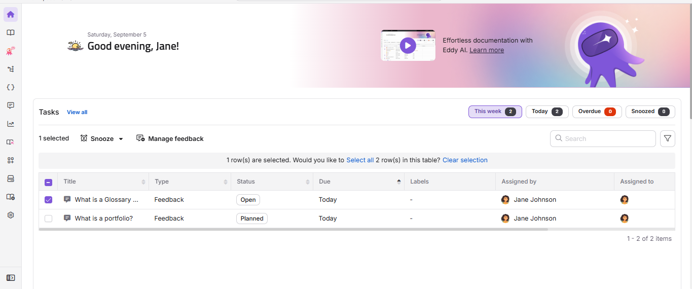 Manage feedback pop-up showing assignee and status options for bulk updates.