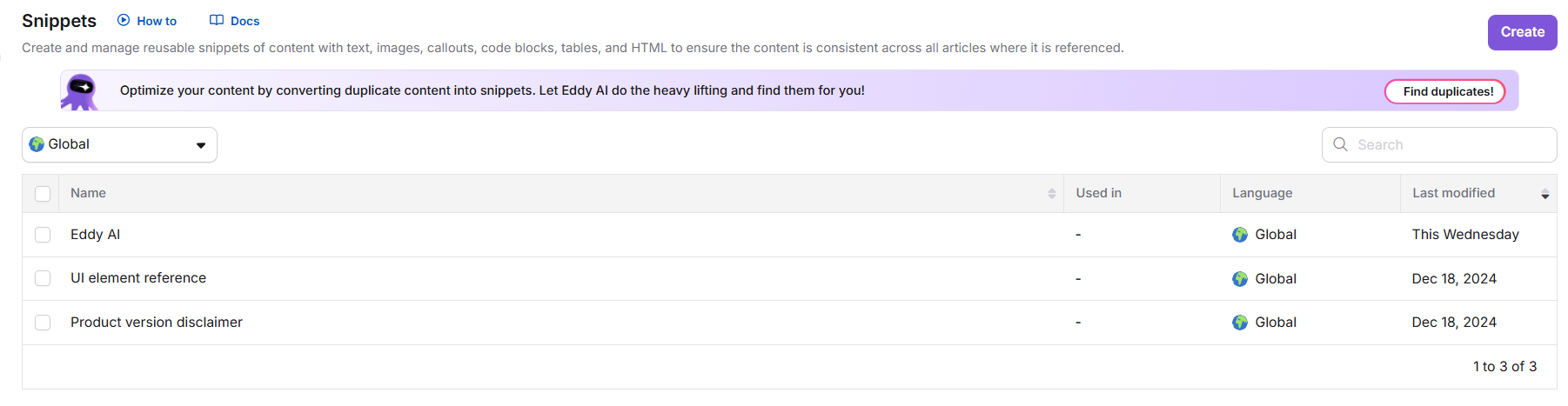 Snippets page showing the Duplicate content detection banner with the Find duplicates button.
