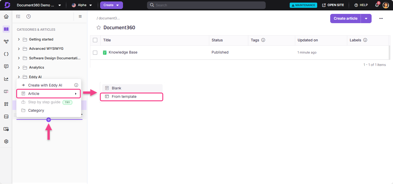 Creating an article in Document360 using Eddy AI with template options available.