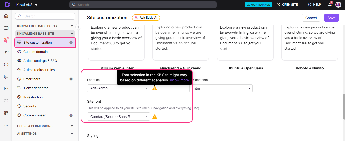 Site customization options for font selection and title settings in Document360 interface.