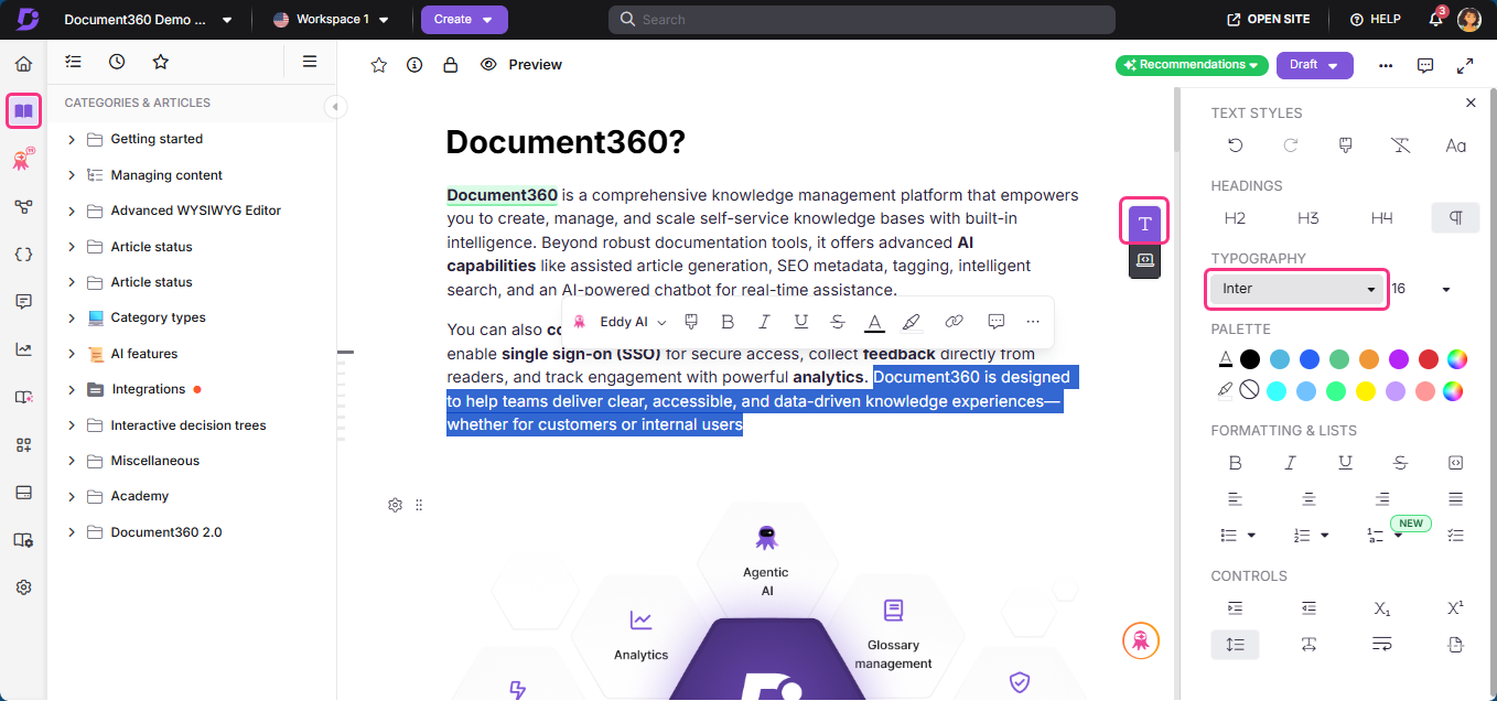 Document360 interface showcasing knowledge management features and typography options for users.