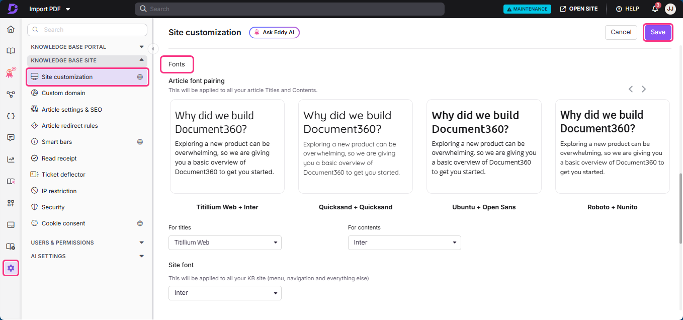 Site customization settings for fonts and article pairing in Document360 interface.