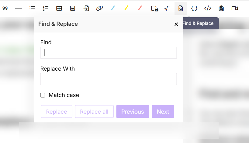 Find and replace tool in the Markdown editor