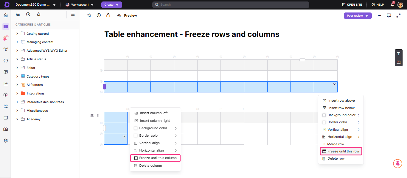 Table enhancement options for freezing rows and columns in a document editor interface.