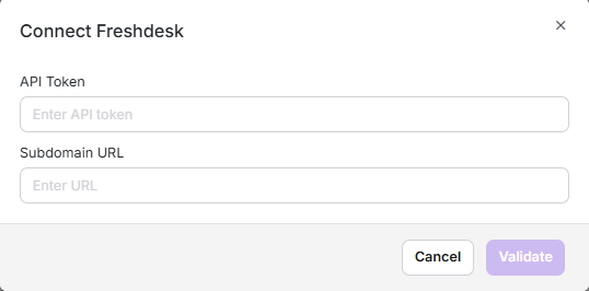 Freshdesk connection form for ticket escalation showing API token and subdomain fields.