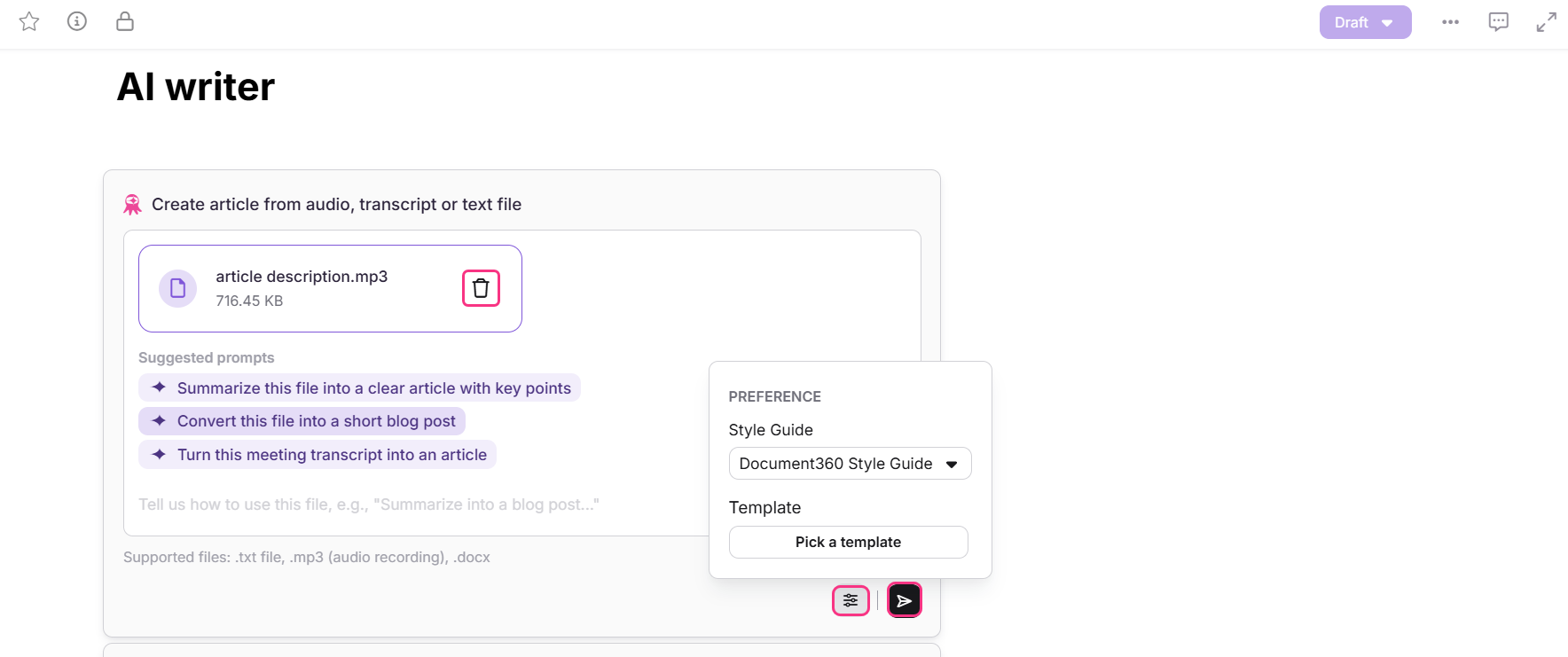 Interface for creating articles from audio files with suggested prompts and preferences.