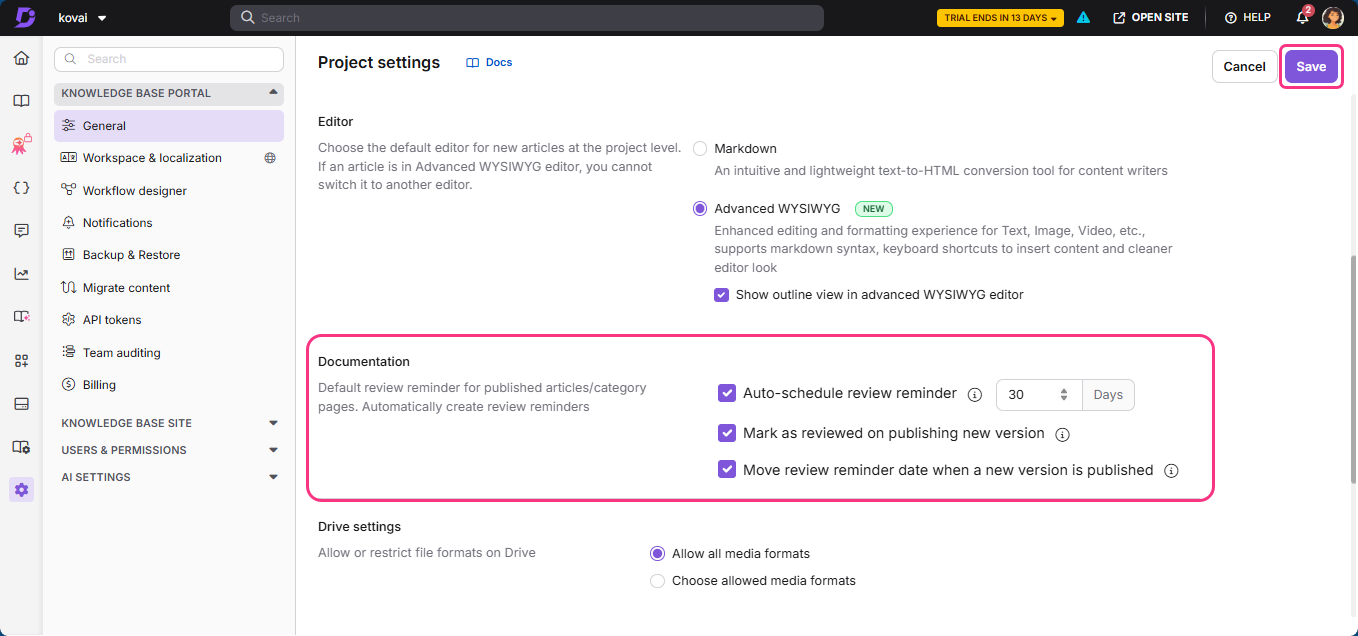 Project settings interface showing documentation review reminders and editor options for articles.
