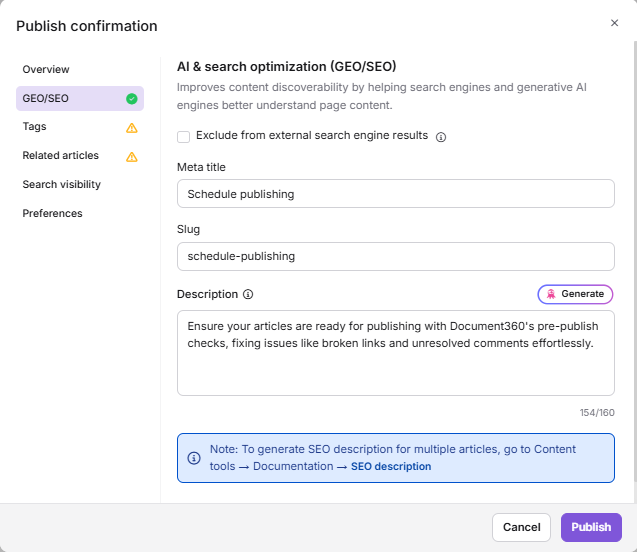 AI and search optimization (GEO/SEO) panel in the publish dialog