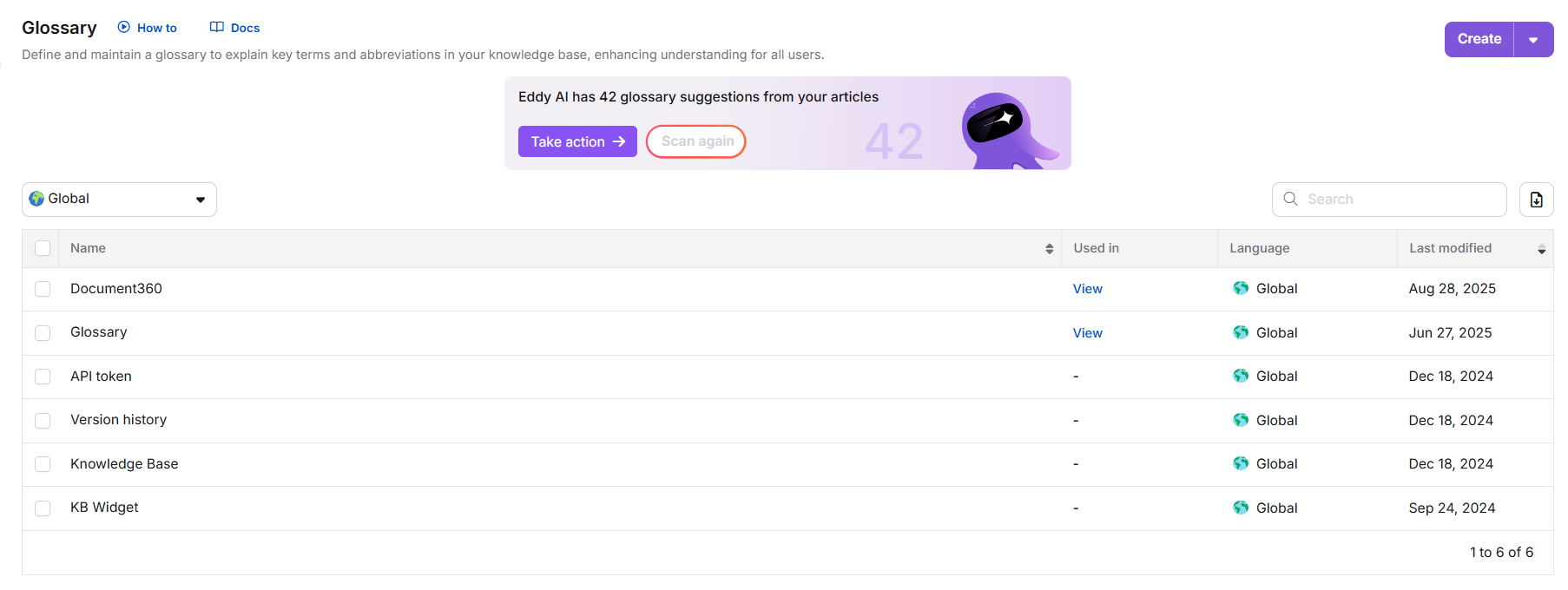 Glossary page showing the Eddy AI banner with the Take action button.