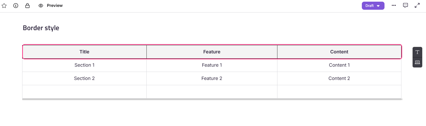 A table displaying sections with titles, features, and content for organization.