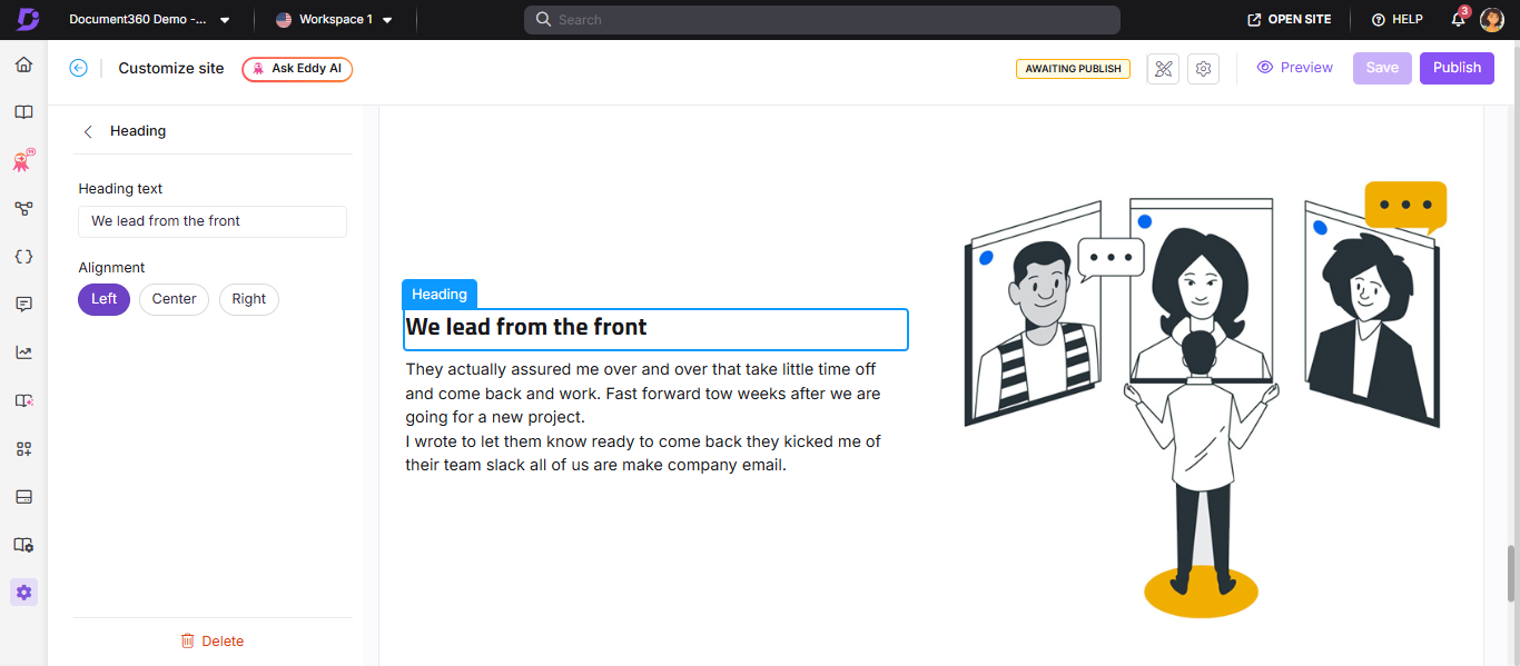 Heading panel showing text input, color palette, and alignment options