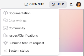 The Help menu displays options like documentation, chat, and feature requests.