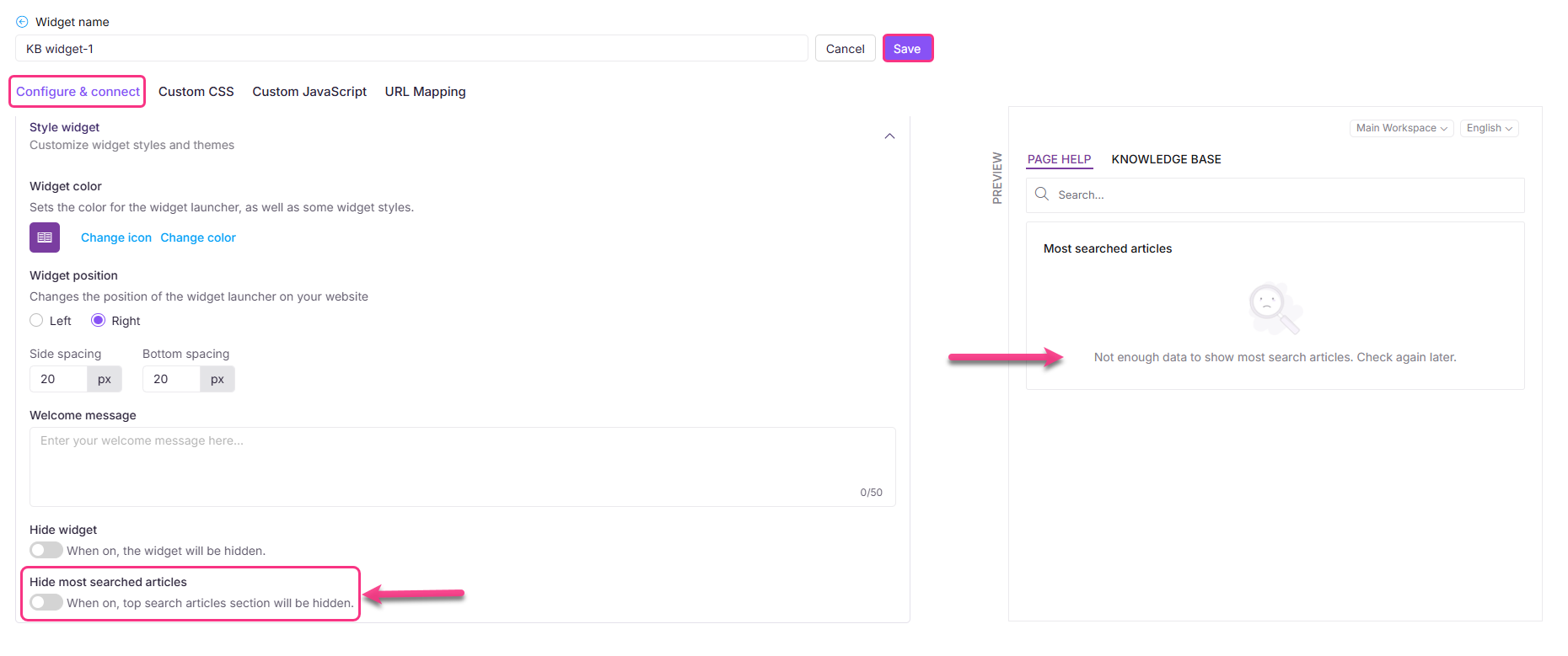 Settings for a knowledge base widget, highlighting the option to hide articles.