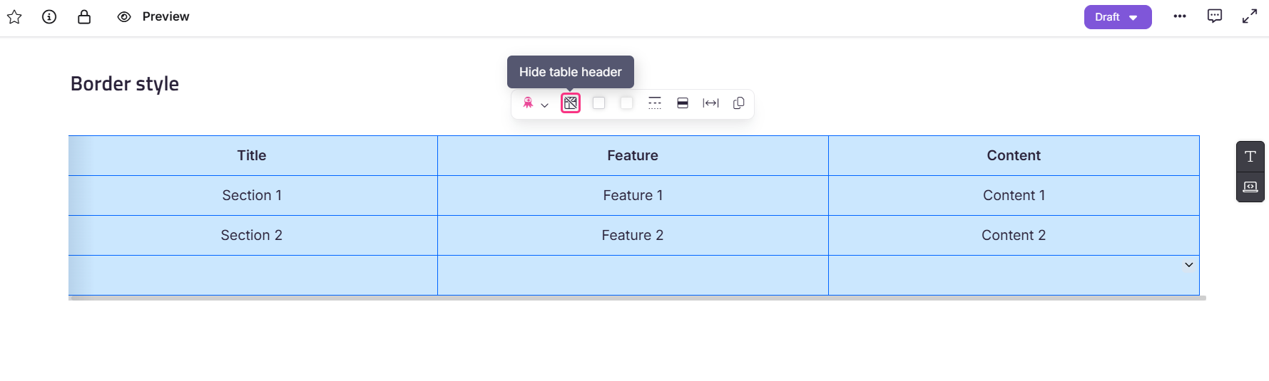 A table displaying sections, features, and content with options to hide the header.