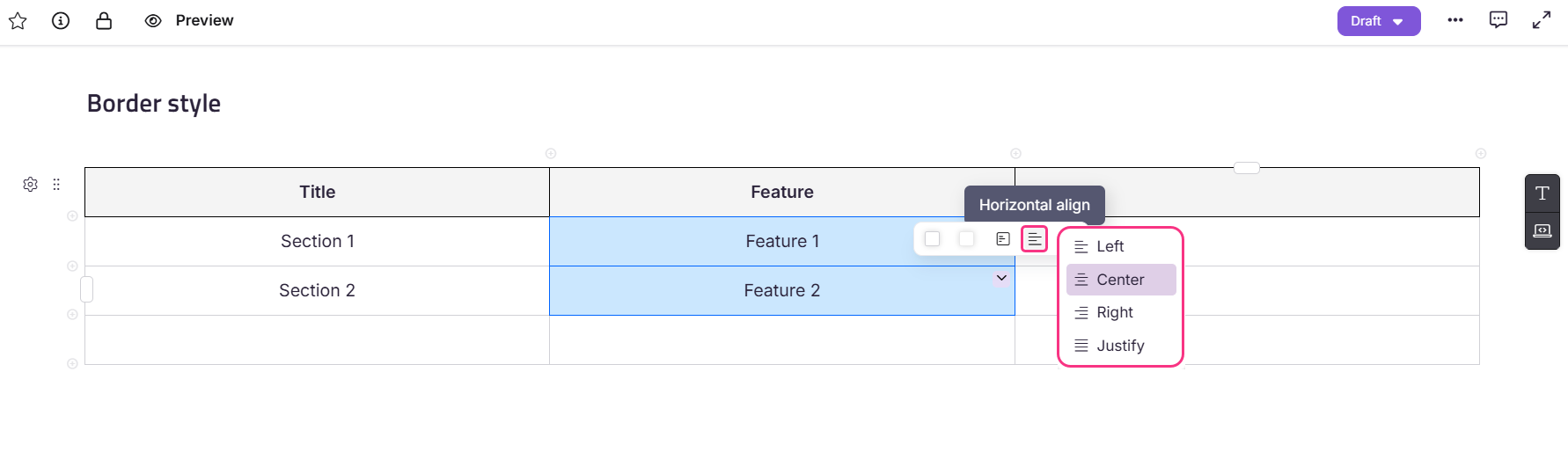 Table displaying border style options with horizontal alignment settings for features.