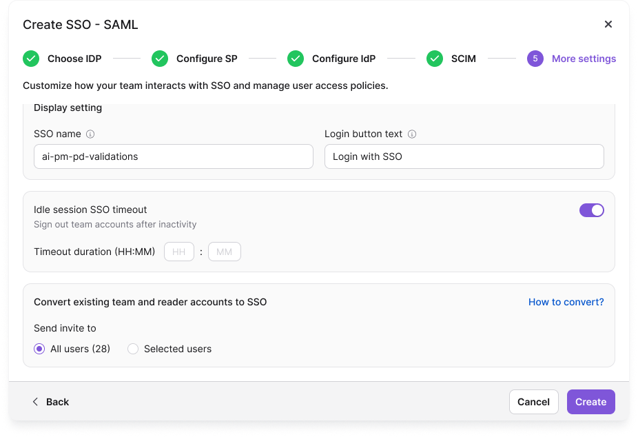 The More settings tab of an SSO configuration with the Idle session SSO timeout toggle and the Timeout duration field.