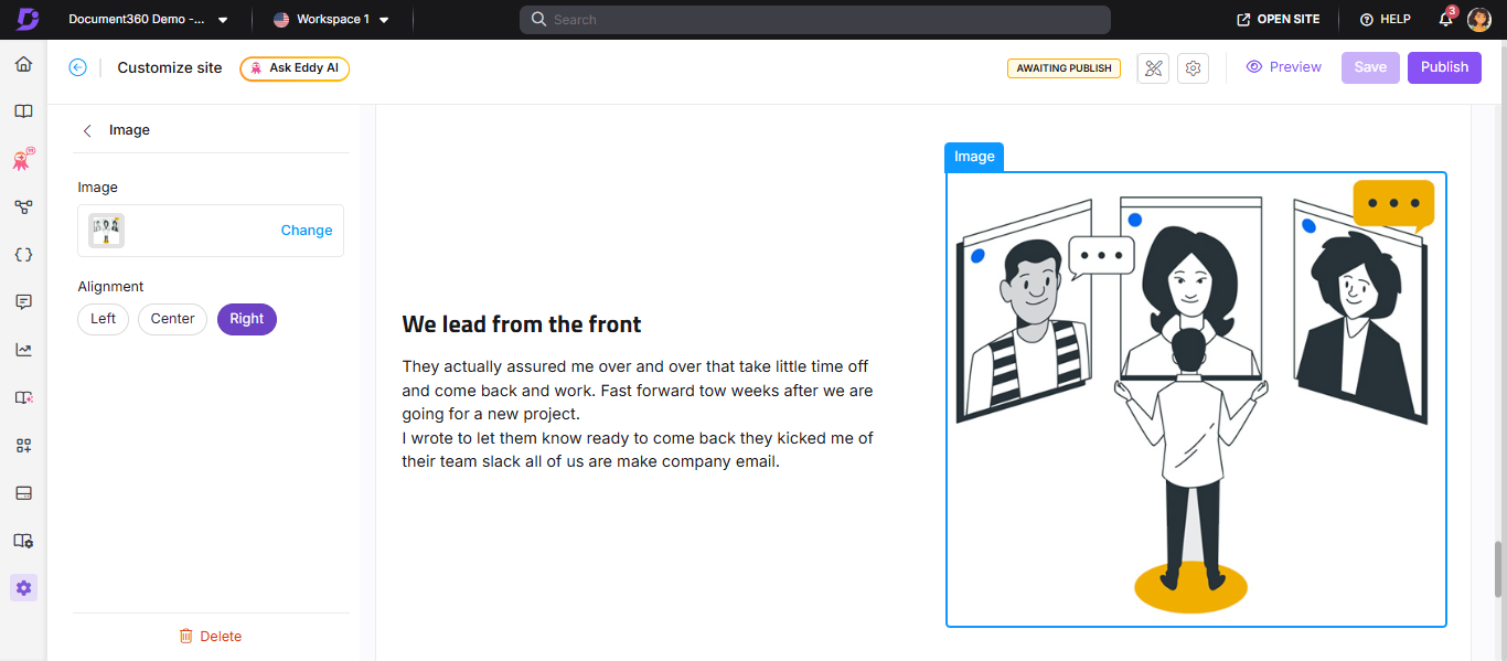Image panel showing alignment options and image upload controls