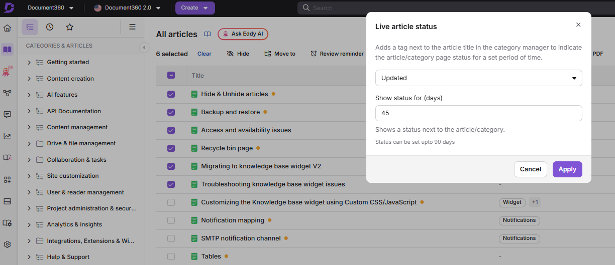 Setting articles status in bulk