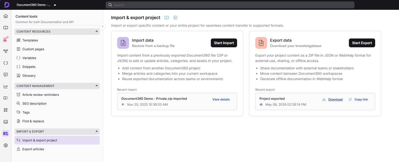 Document360 interface showing import and export project options with recent activity details.
