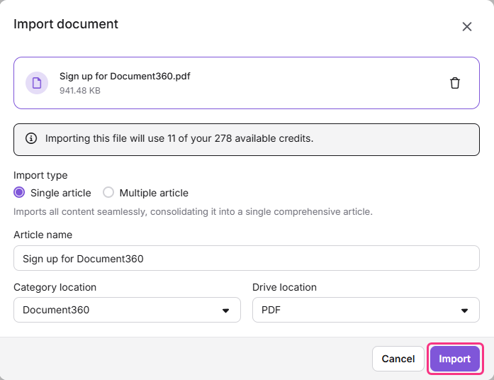Import document interface showing file details and options for importing articles.