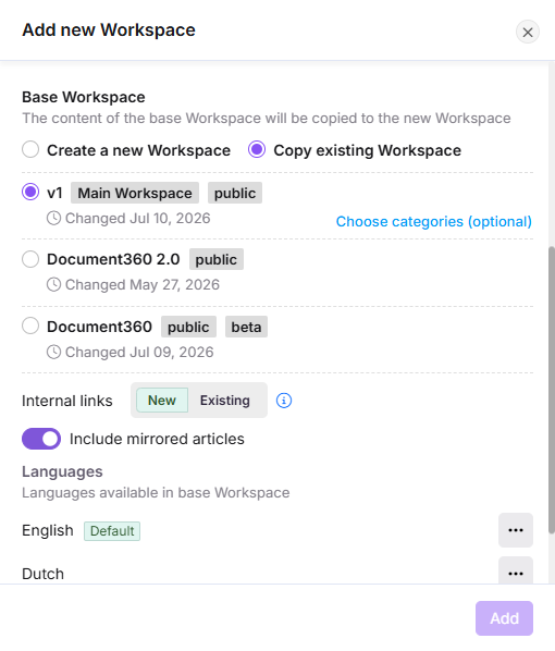 Add new workspace dialog showing language options with More options menu expanded
