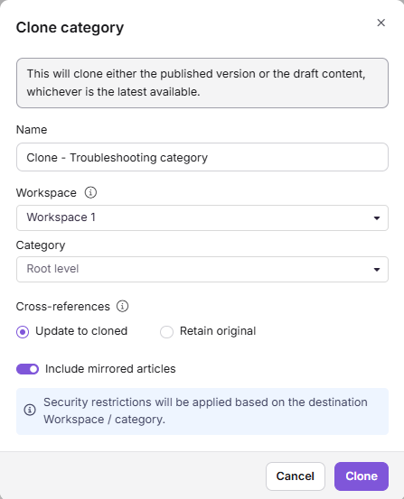Clone category panel showing workspace, category, cross-references fields, and the Include mirrored articles toggle