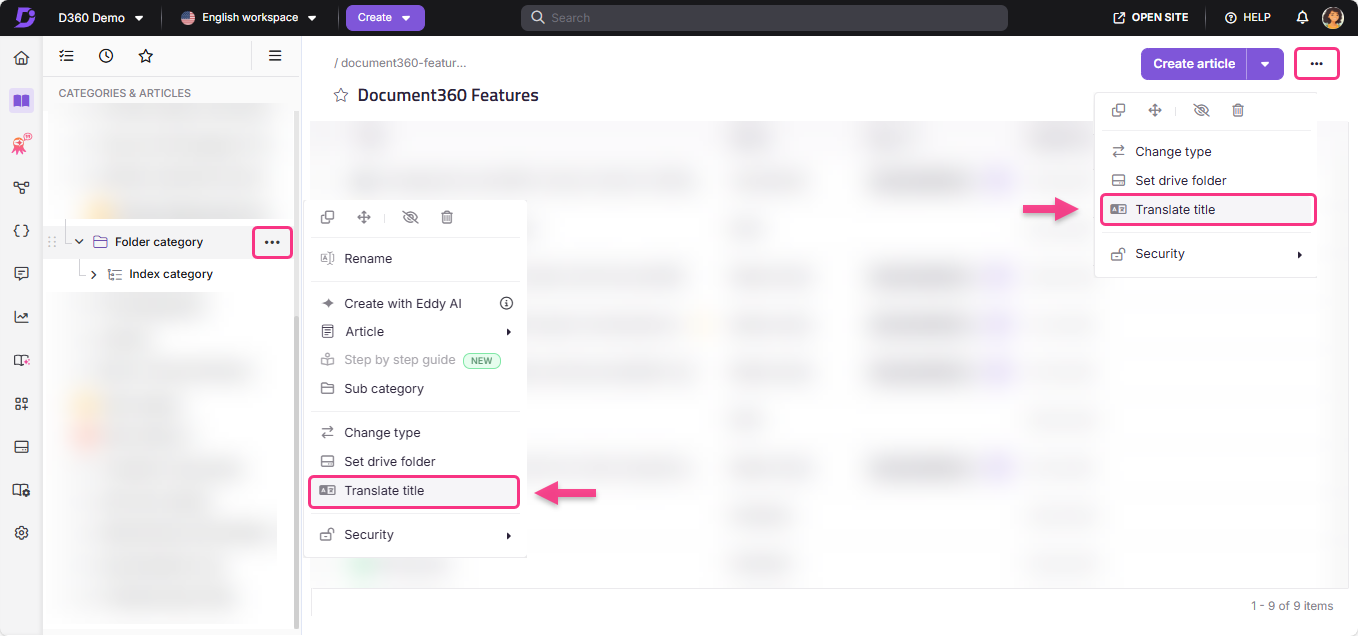 Document360 interface showing options to translate titles and manage categories.