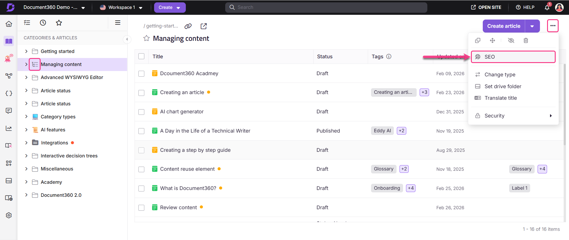 Knowledge base portal view of an index category
