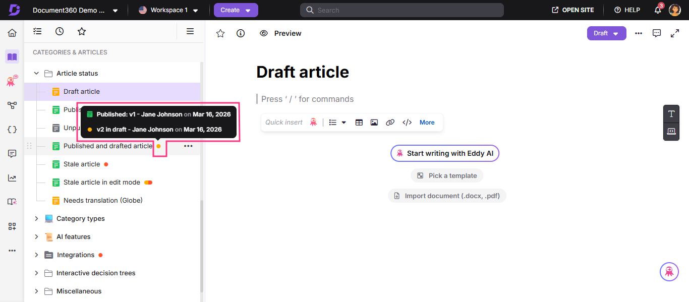 Draft article interface showing published and draft versions with editing options.