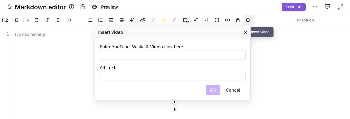 Inserting a video in the Markdown editor by pasting a video URL