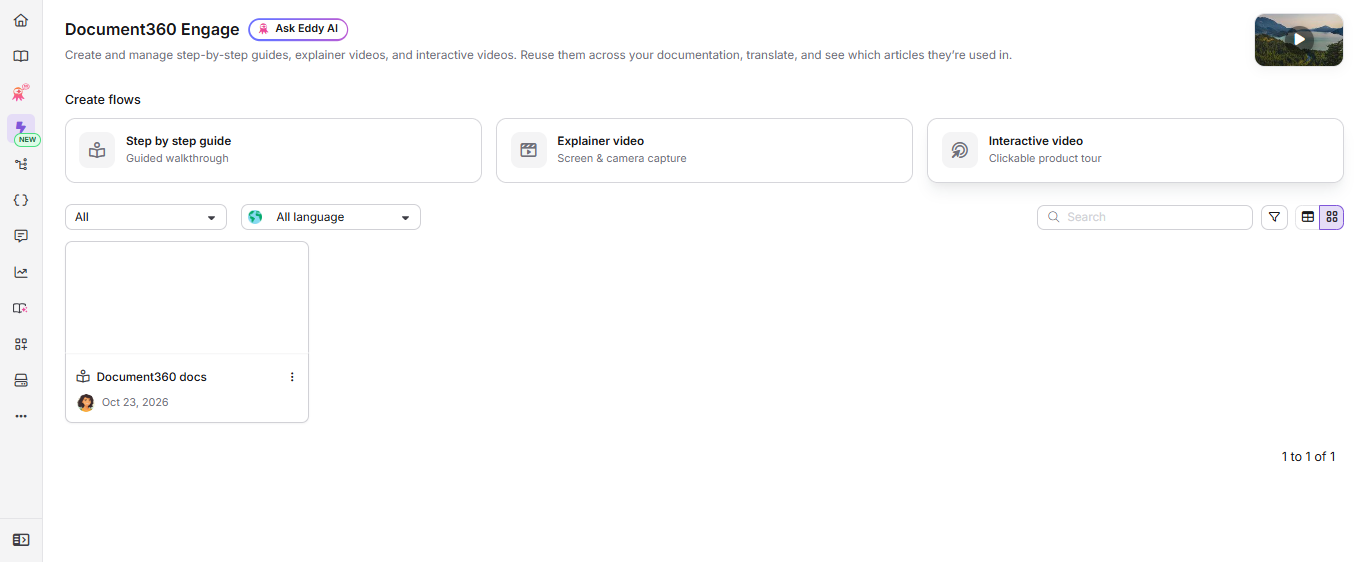 Document360 Engage page with Interactive video selected under Create flows