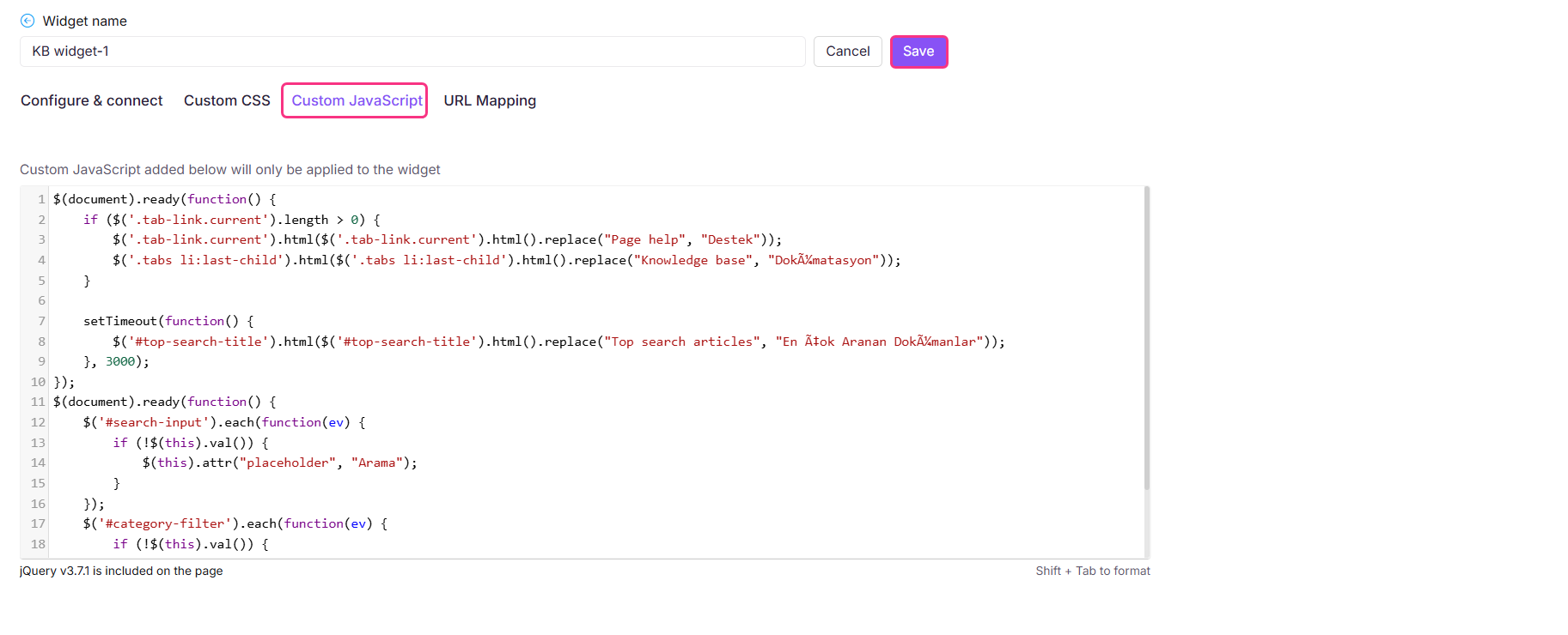 Custom JavaScript code for configuring a widget with search functionality and titles.