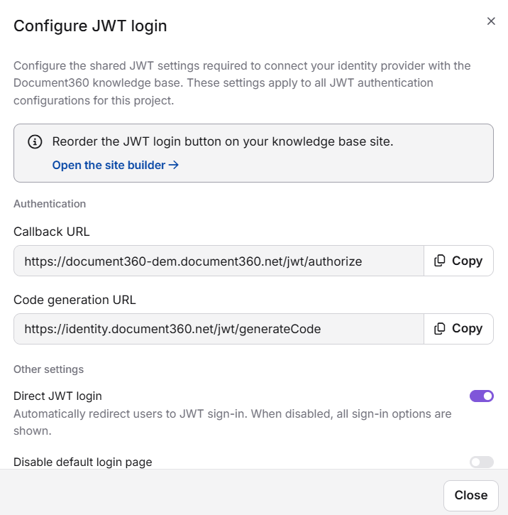 Configure JWT login modal in Document360.