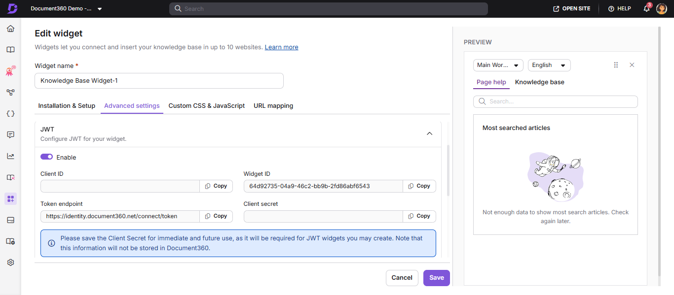 JWT configuration section in the knowledge base widget settings showing required fields.