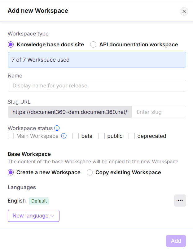 Copy existing workspace option showing source workspace selection and internal links setting