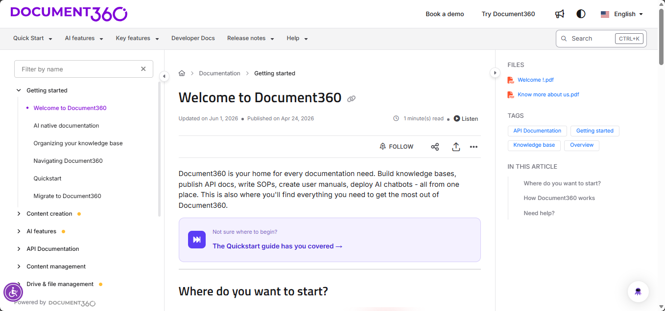 Overview of Document360 features and navigation for documentation management..