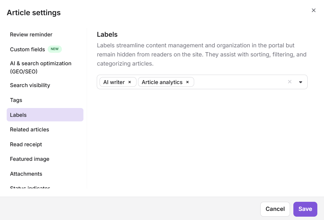 Add labels panel showing label entry field and existing label dropdown