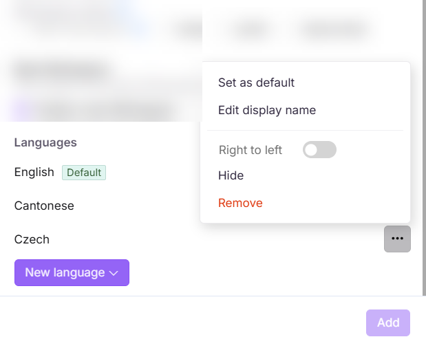 Add new workspace dialog showing language options with More options menu expanded