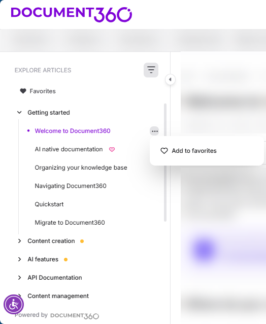 Document360 interface showing article navigation and favorites section for user guidance.