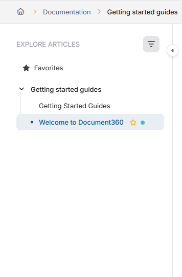 Document360 interface showing article navigation and favorites section for user guidance.