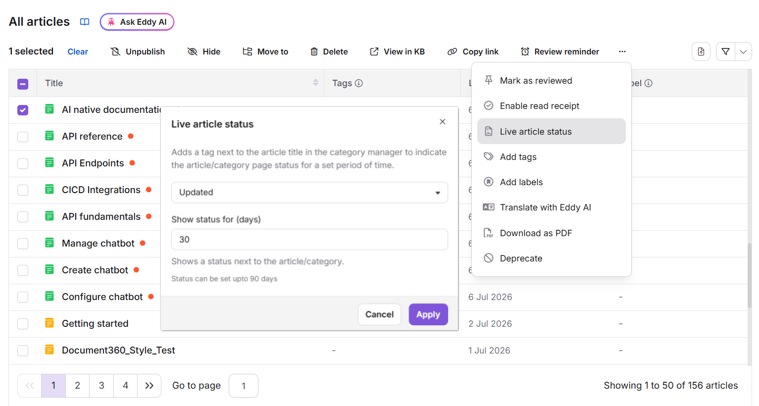 Setting articles status in bulk