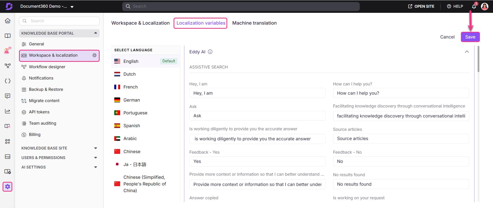 Document360 interface showing localization variables and language selection options.