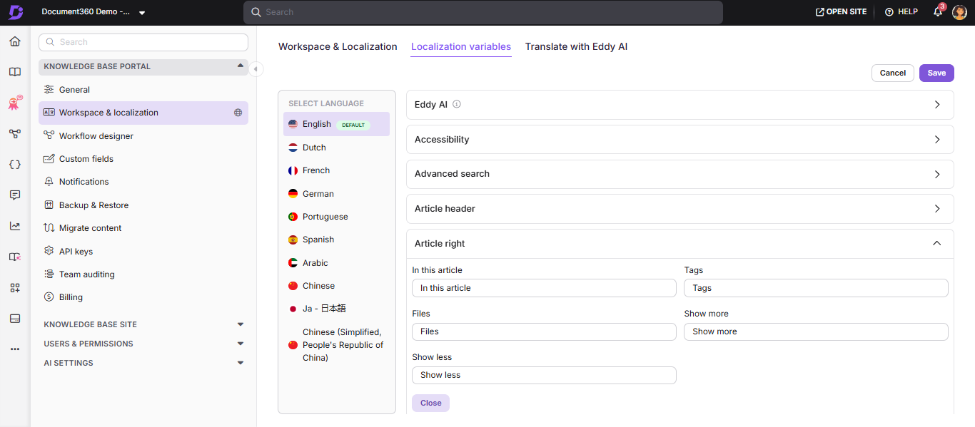Localization variables tab in Document360 showing language selection and accordion sections