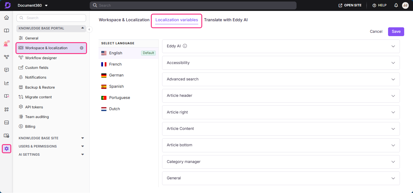 Localization variables tab in Document360 showing language selection and accordion sections