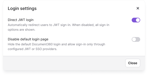 Settings menu showing option to disable Document360 login page in SSO configuration.