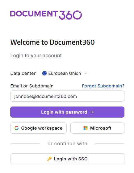 Document360 login page showing the Data center dropdown and the Email or Subdomain field.