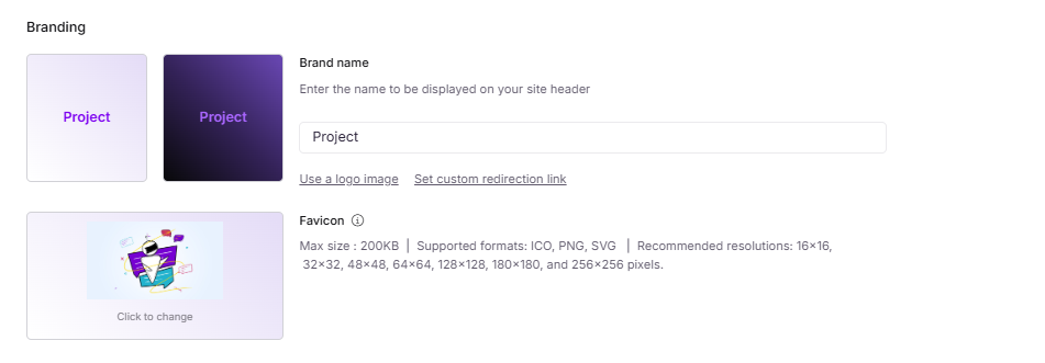 Branding section in Site customization showing light and dark logo upload areas